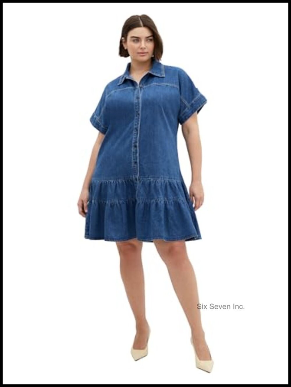 Plus Size Stretch Denim Shift Dress with Collar and Button Front